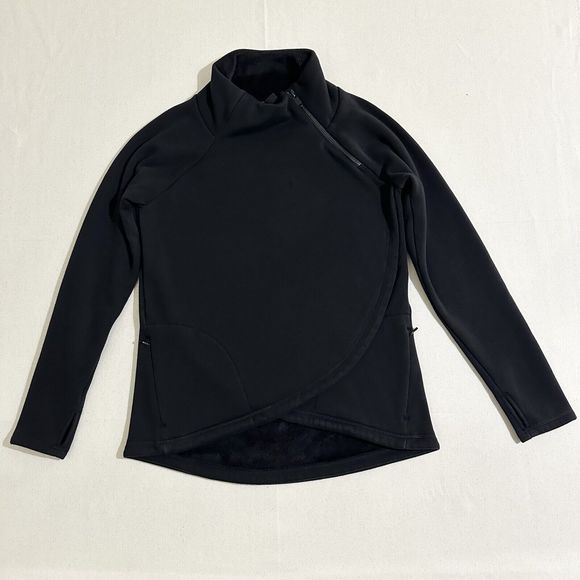 Athleta Cozy Karma Asym Pullover Black Women Size Small Zip Neck Fleece Jacket - Picture 1 of 15